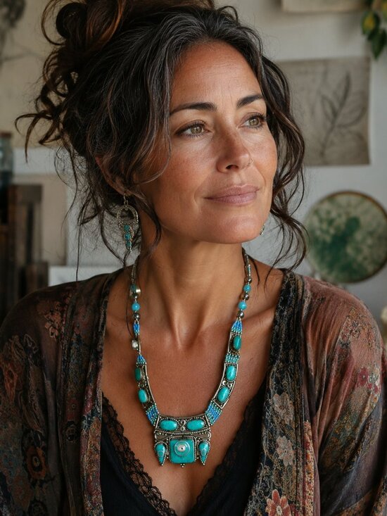 Jewelry - Turquoise Beaded And Tooled Necklace 058